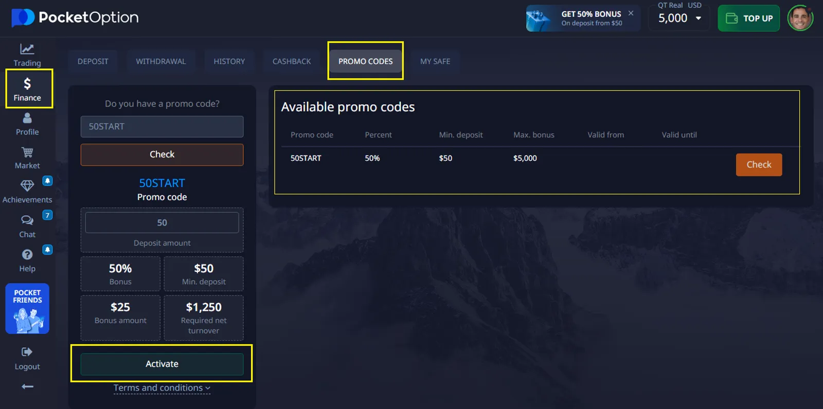 Menggunakan Kod Promosi Pocket Option